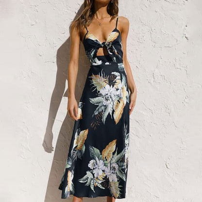 Women's Floral Maxi Dress - Spaghetti Straps - V-Neck Tie Front - Cut-Out High Slit