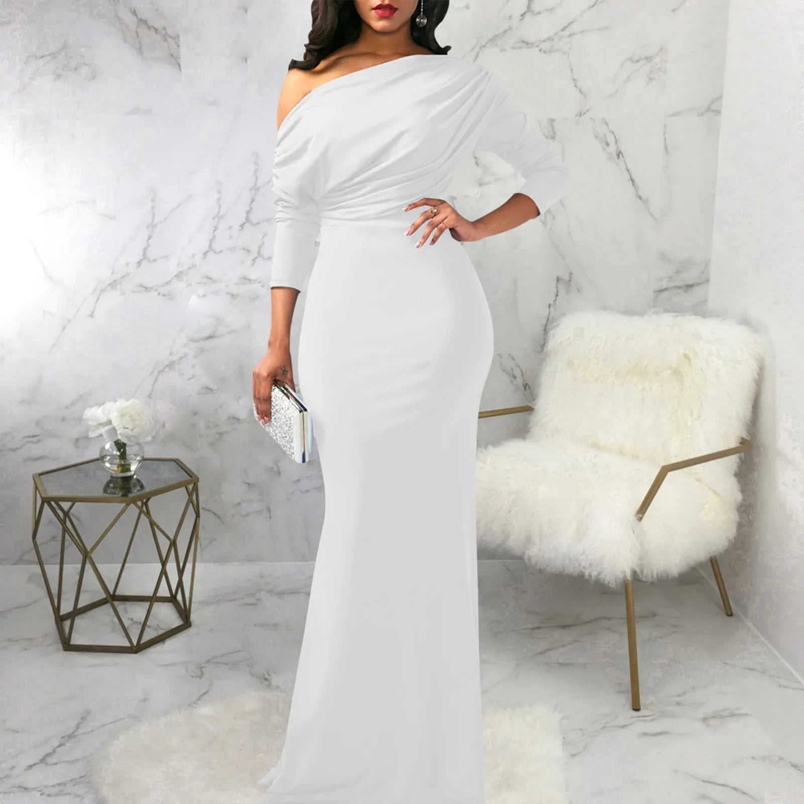 Draped Off-Shoulder Satin Evening Gown