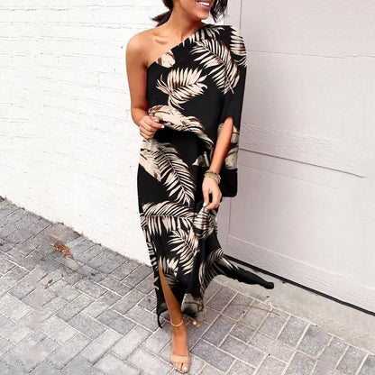 Women's One-Shoulder Maxi Dress - Floral Print - Elegant Flowing Silhouette