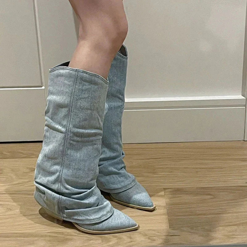 Denim long mid-heel boots for women