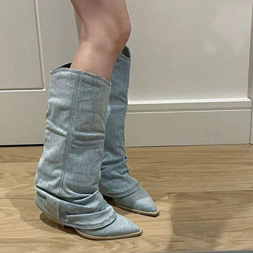 Denim long mid-heel boots for women