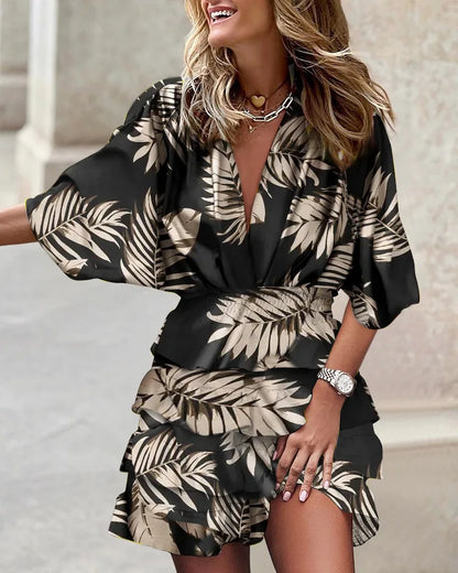 Women's V-Neck Wrap Dress - Tiered Ruffle Skirt - Elbow-Length Sleeves - Relaxed Fit