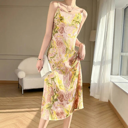 Women's Slip Dress - Satin Silk-Like Fabric - Midi Length - Spaghetti Straps Elegant Fit