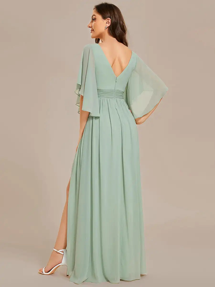 Women’s Evening Gown – Chiffon – Draped Fit – V-Neck – Flutter Sleeves – Side Slit