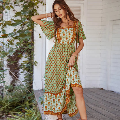 Women’s Maxi Dress – Cotton Blend – Bohemian Print – Tiered Skirt – Square Neckline