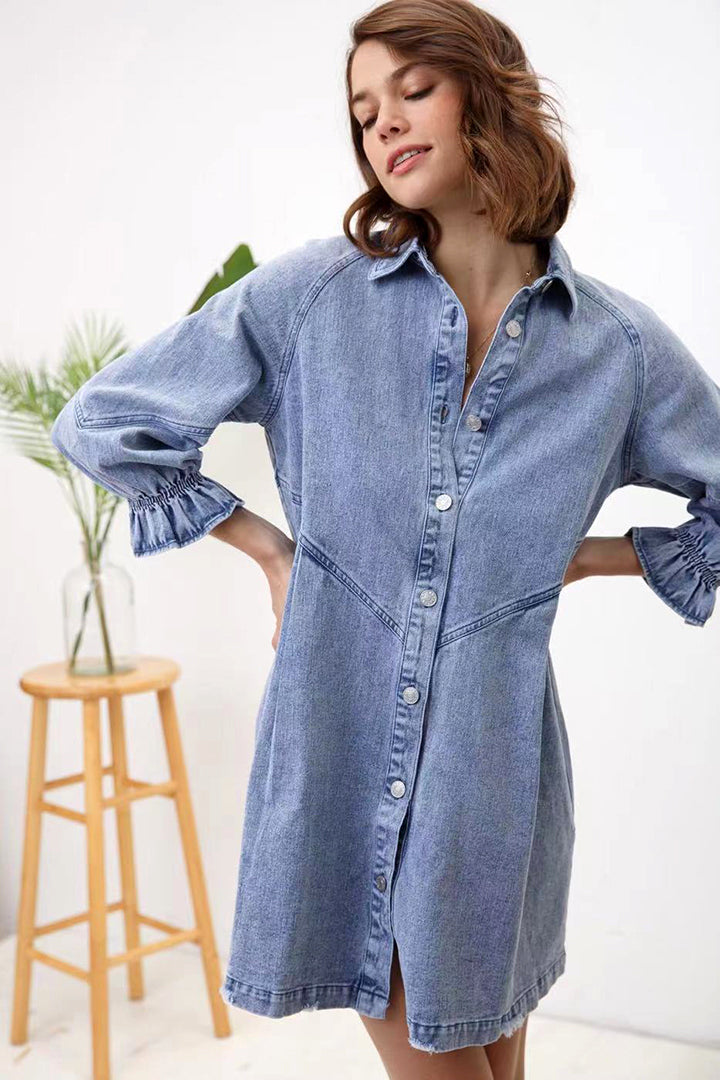 Women's Denim Shirt Dress - Relaxed Fit - Button Down - Three-Quarter Puff Sleeves