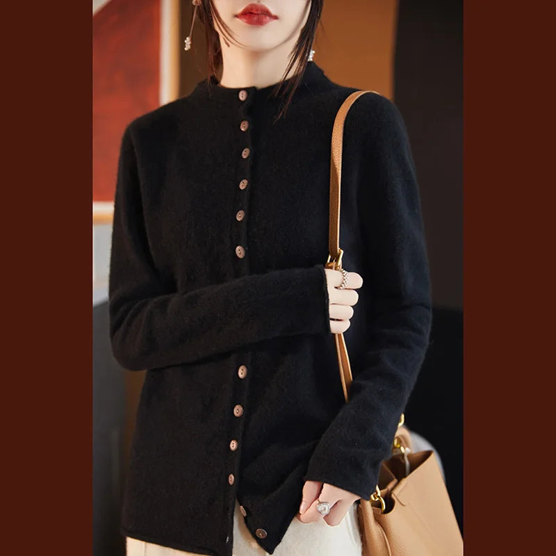 Women’s Cardigan Sweater – Wool Knit – Relaxed Tailored Fit – Button Front – Spread Collar