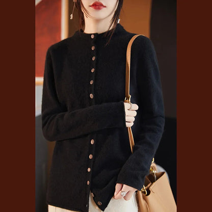 Women’s Cardigan Sweater – Wool Knit – Relaxed Tailored Fit – Button Front – Spread Collar