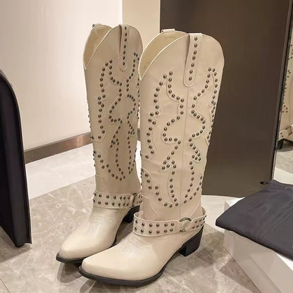 Women’s Boots - Faux Leather - Knee-High Shaft - Pointed Toe - Studded Rivet Detailing