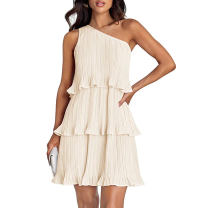 Women’s One-Shoulder Midi Dress – Pleated Chiffon – Tiered Skirt – Flowy Fit