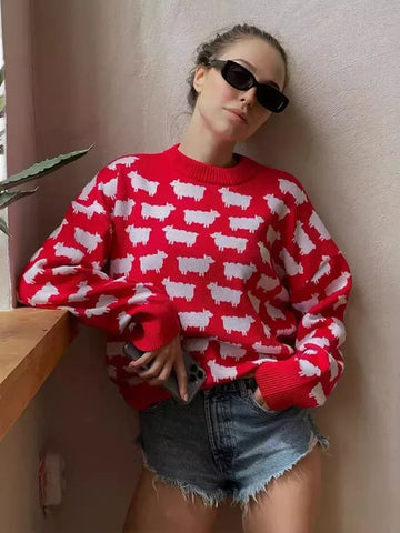 Casual loose pullover sweater with sheep prints for women