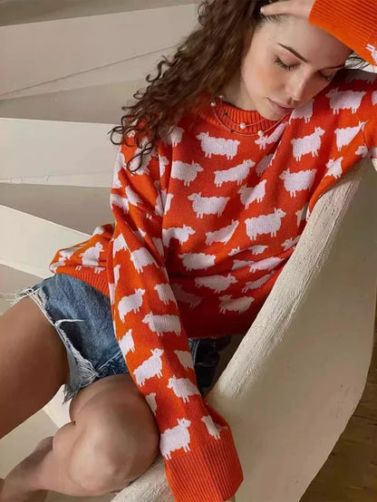 Women's Knit Sweater - Crew Neck - Relaxed Fit - Sheep Pattern Casual Pullover