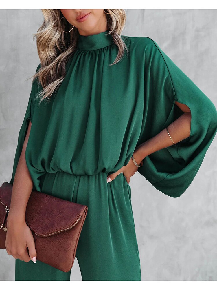 Women's Jumpsuit - High Neck - Draped Cape Sleeves - Wide Leg - Elegant Flowy Fit