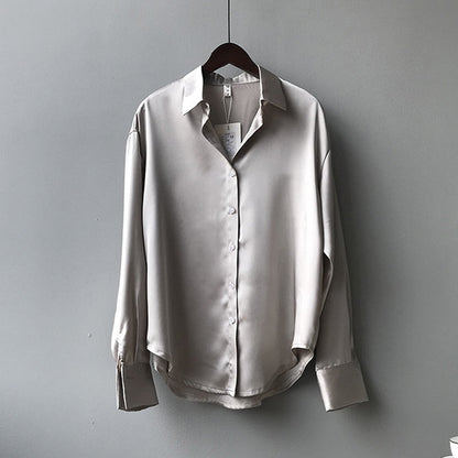 Women's Silk Blouse - Classic Button-Down - Collared Neck - Long Sleeve Relaxed Fit