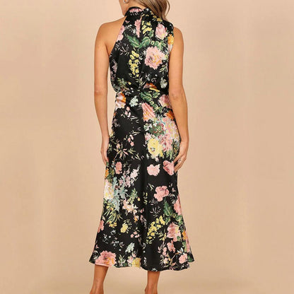 Women's Halter Neck Midi Dress - Sleeveless Flowing Fit - Elegant Floral Design