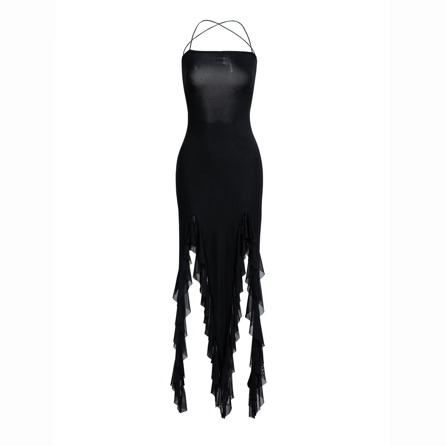Women’s Midi Dress – Slim Fit – Satin-Like Finish – Spaghetti Straps – Ruffle Hem Slit