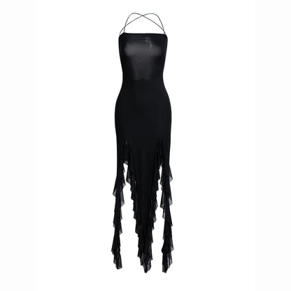 Women’s Midi Dress – Slim Fit – Satin-Like Finish – Spaghetti Straps – Ruffle Hem Slit