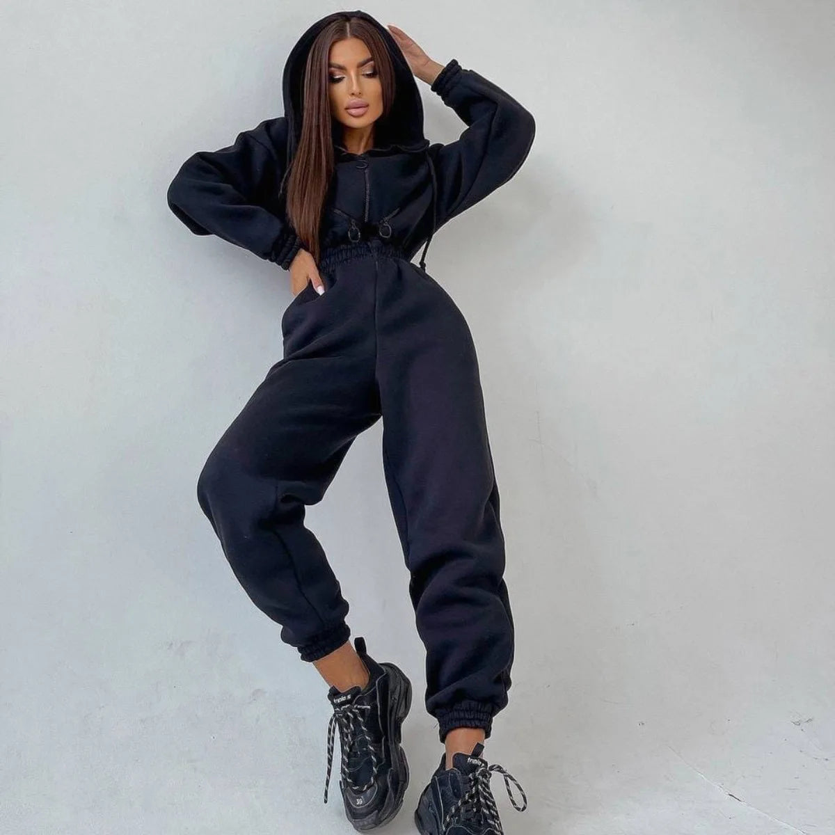 Women's Jumpsuit - Oversized Fit - Hooded with Zipper & Pockets - Elastic Waist