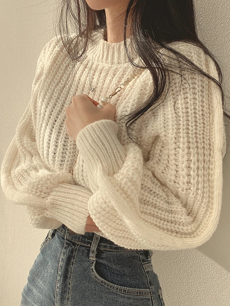 Women's loose vintage lantern sleeve knitted sweater
