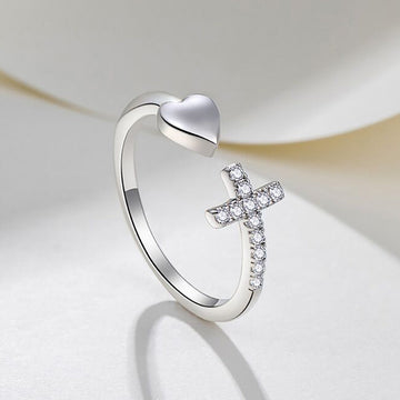 Elegant adjustable heart ring with sparkling zirconia cross