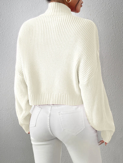 Women’s Knit Sweater - Ribbed Wool Blend - High Neck - Oversized Fit - Long Sleeve