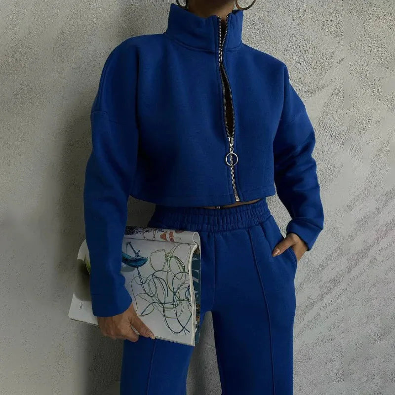Women's casual round neck zip sweatshirt pants suit set