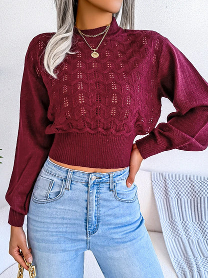 Women's casual knitted hollow long-sleeve crop sweater