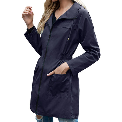 Women's casual hooded jacket with waist drawstring and pockets
