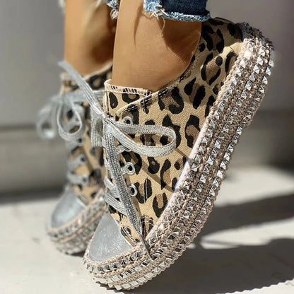 Women's Platform Sneakers - Animal Print - Metallic Toe Cap - Lace-Up Stylish Design