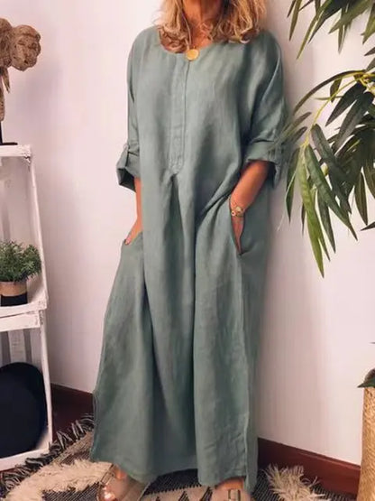 Women's Linen Maxi Dress - Long Sleeve - Loose Fit - Lightweight Breathable Fabric