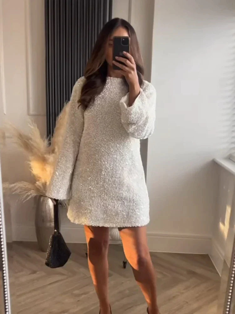Women's Long-Sleeve Mini Dress - Boucle Textured - Shift Style - Round Neck