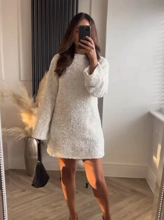 Women's Long-Sleeve Mini Dress - Boucle Textured - Shift Style - Round Neck