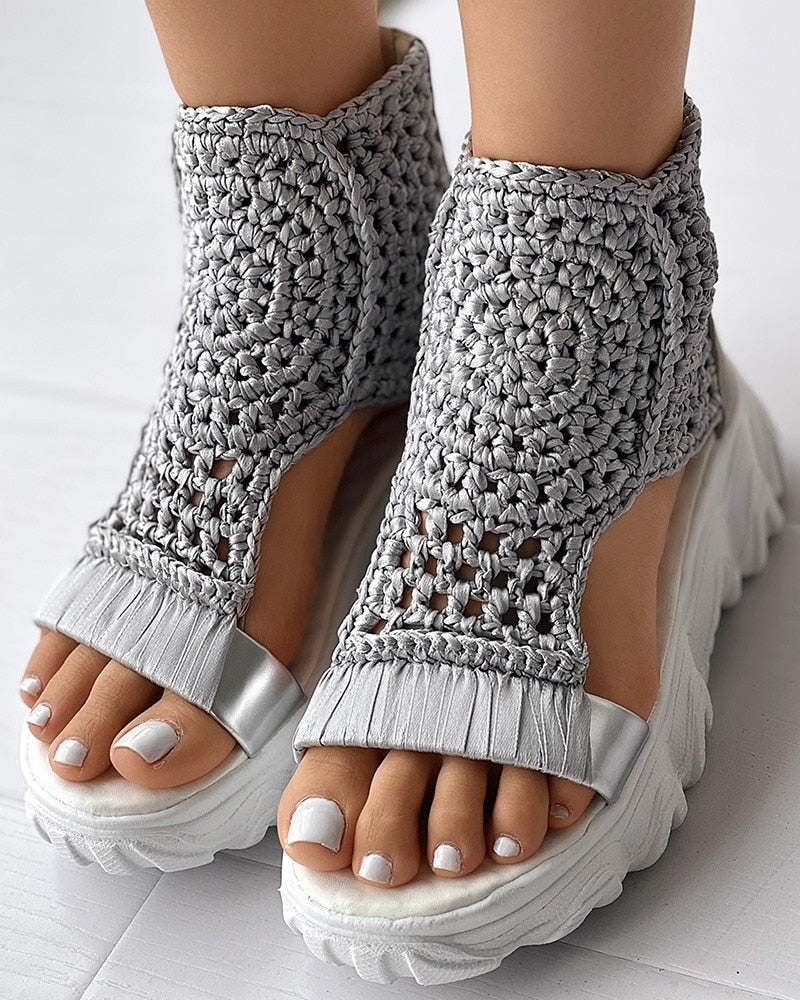Women's Platform Sandals - Crochet Upper - High Ankle - Cushioned Rubber Sole