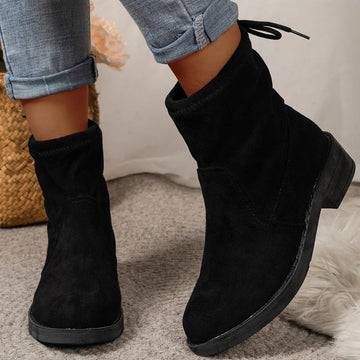 Women's low heel ankle boots with drawstring closure