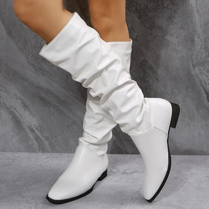 Women's knee high punk style pleated PU leather boots