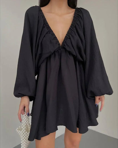Women's Mini Dress - Deep V-Neck Ruched Front - Long Bishop Sleeves - Belted Waist
