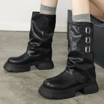 Retro chunky heel biker boots for women with buckle detailing