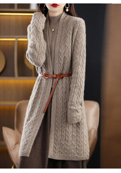 Women’s Long Cardigan – Cable Knit – Relaxed Fit – Ribbed Cuffs – Belted Waist