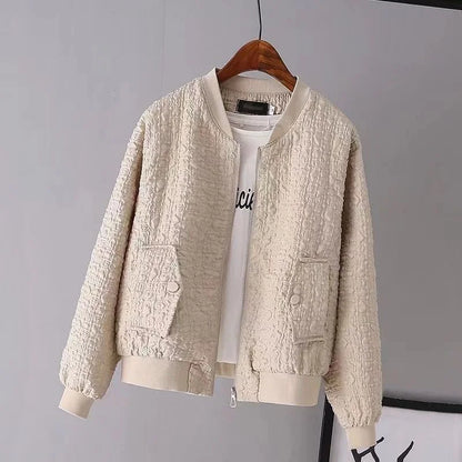 Women’s Bomber Jacket - Textured Fabric - Relaxed Fit - Front Zip - Flap Pockets