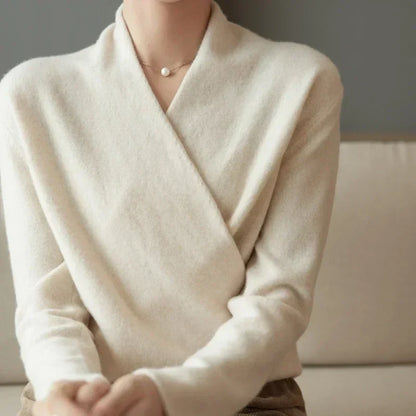 Florence Wrap Front V-Neck Pullover Sweater | Relaxed Fit Long Sleeve Sweater