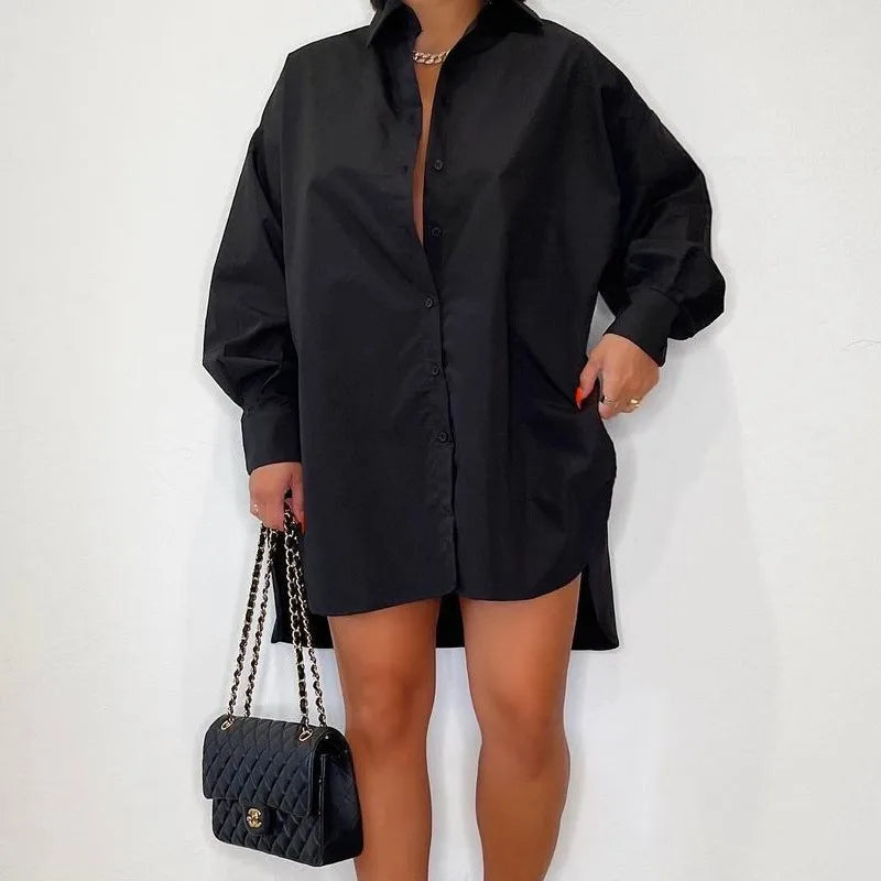 Women’s Button-Up Shirt Dress - Oversized Fit - Classic Collar - Long Sleeve Casual Wear