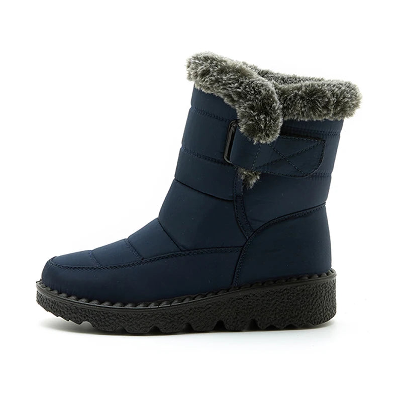 Women's waterproof  faux fur high-top snow boots with hook-and-loop closure