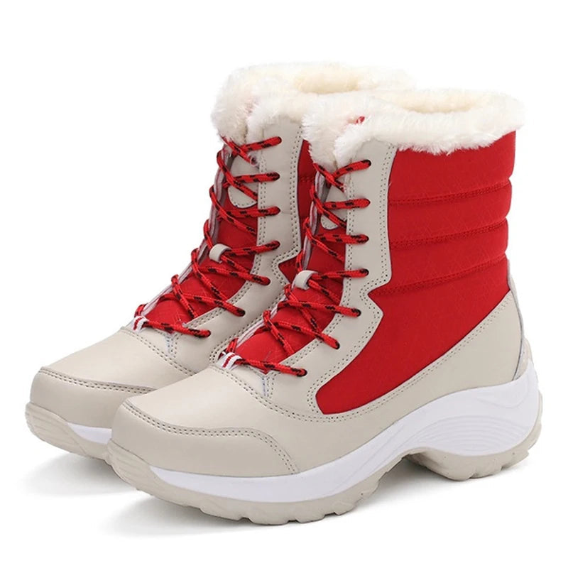 Women’s Snow Boots – Mid Calf – Faux Fur Lined – Lace Up – Platform Sole – Water Resistant