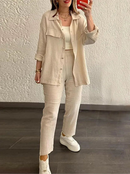 Women's casual long sleeve shirt and loose button pants set