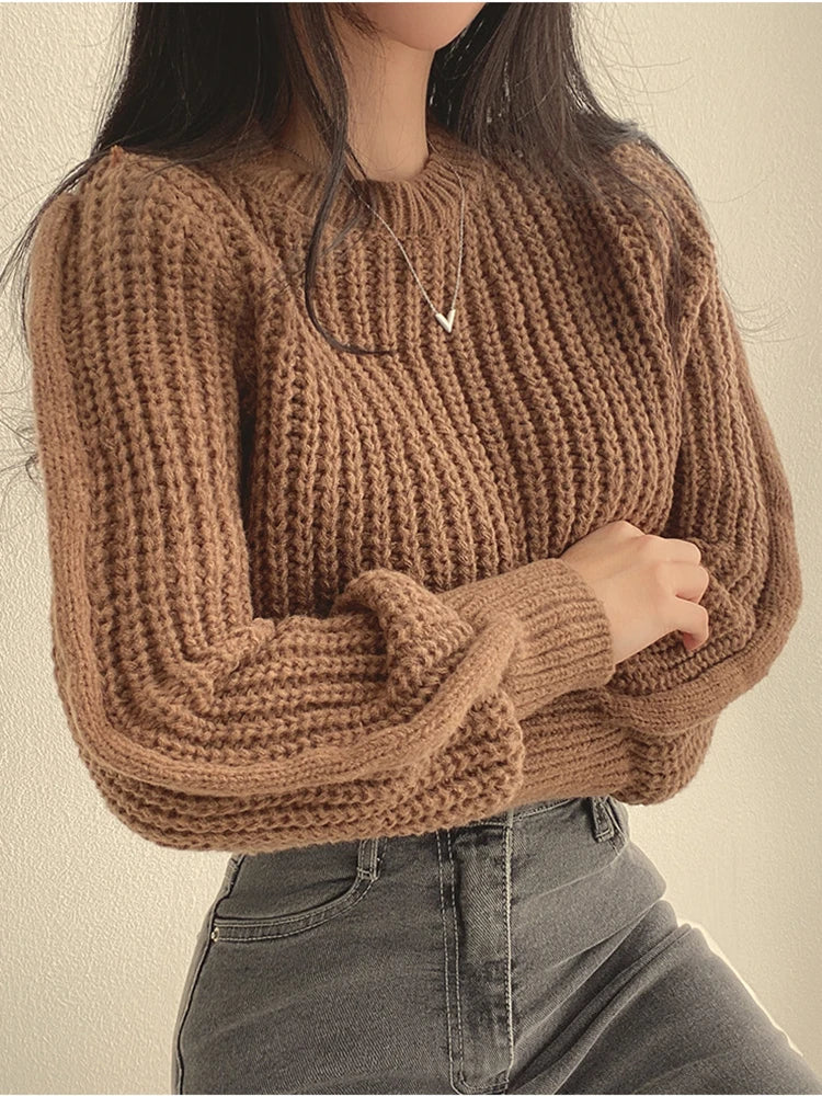 Women's loose vintage lantern sleeve knitted sweater