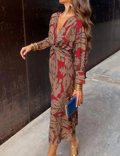 Women's Midi Dress - V-Neck - Long Sleeve - Form-Fitting Elegant Style