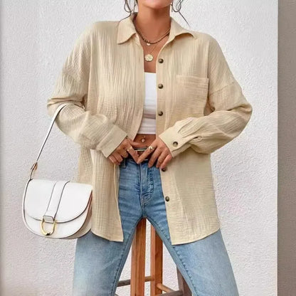 Women's Button-Up Shirt - Lightweight Crinkled Fabric - Relaxed Fit - Long Sleeve