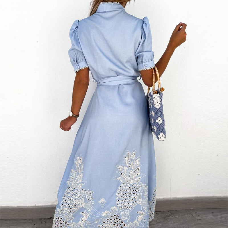 Women’s Midi Dress – Breathable Blend – Embroidered – Button-Down – Puffed Sleeve – Belted