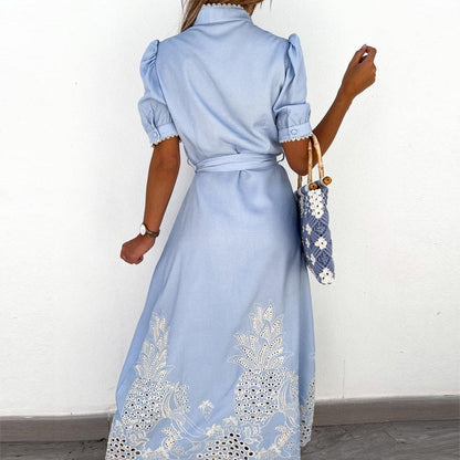 Women’s Midi Dress – Breathable Blend – Embroidered – Button-Down – Puffed Sleeve – Belted