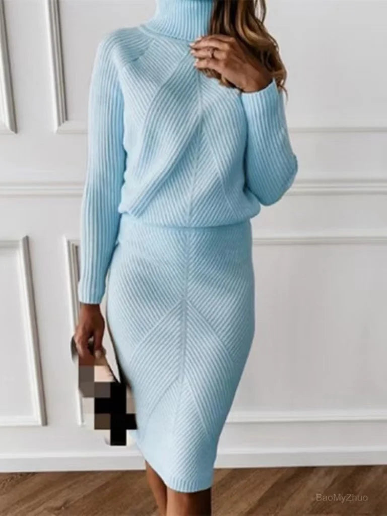 Women's turtleneck knit sweater skirt set